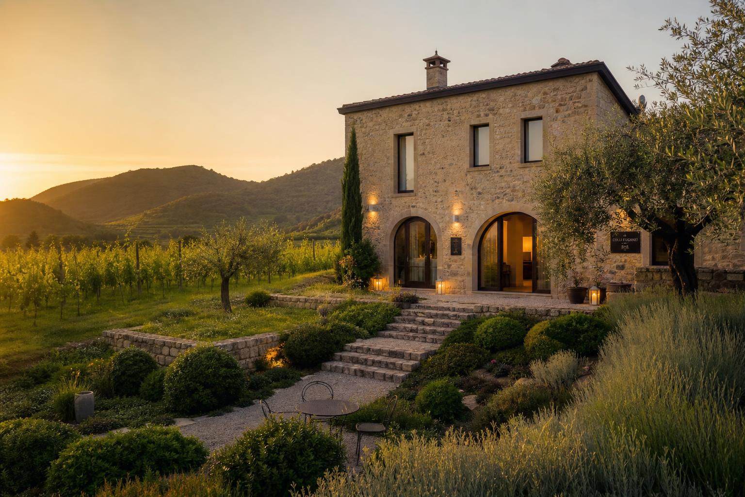 Dimora in pietra tra i vigneti dei Colli Euganei al tramonto